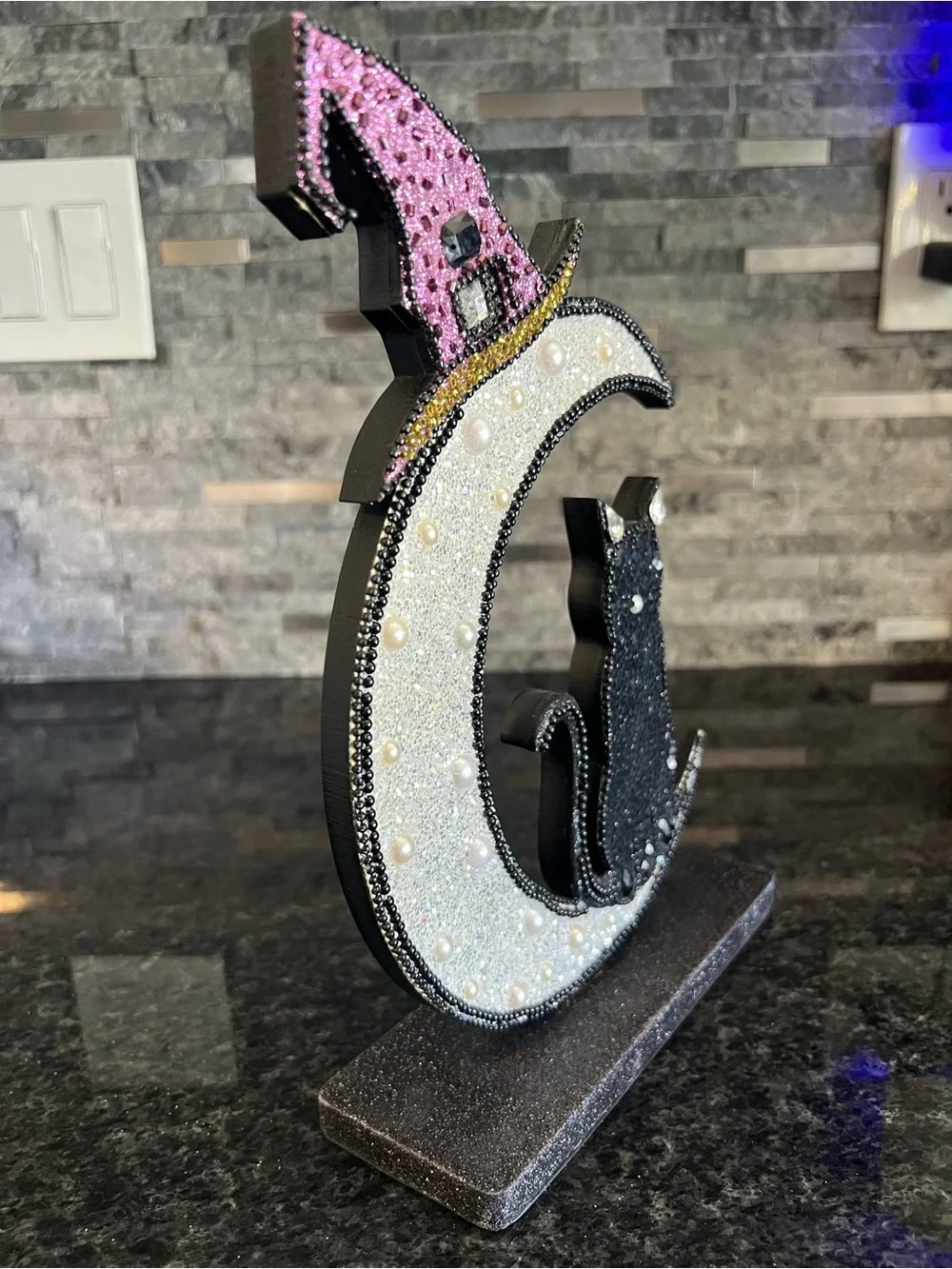 GLITTERY BLING Wooden Halloween Sign, BLACK CAT, MOON, WITCH HAT-11 In Tall!!